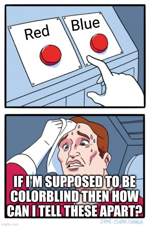In a world blind to color both parties look damn near the same | Blue; Red; IF I'M SUPPOSED TO BE
COLORBLIND THEN HOW
CAN I TELL THESE APART? | image tagged in memes,two buttons | made w/ Imgflip meme maker