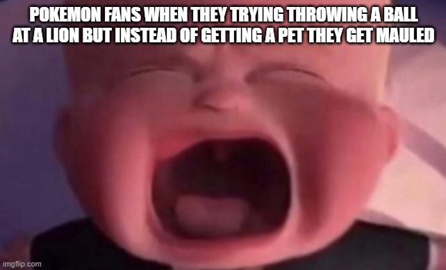 Hell naw | POKEMON FANS WHEN THEY TRYING THROWING A BALL AT A LION BUT INSTEAD OF GETTING A PET THEY GET MAULED | image tagged in boss baby crying,pokemon,memes | made w/ Imgflip meme maker