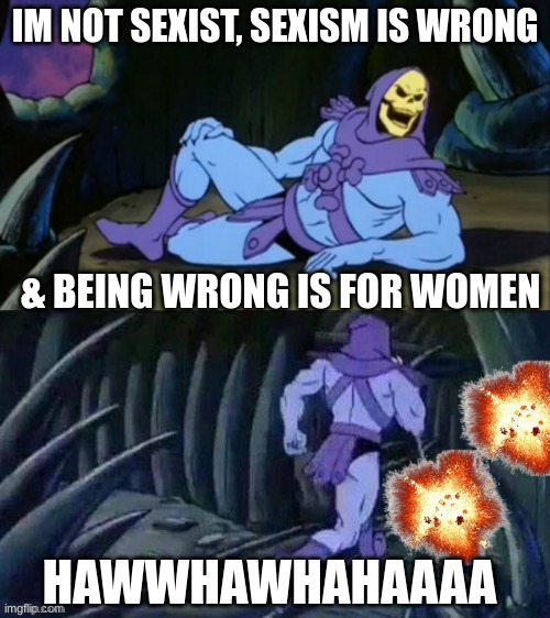 Skeletor with more.. |  IM NOT SEXIST, SEXISM IS WRONG; & BEING WRONG IS FOR WOMEN; HAWWHAWHAHAAAA | image tagged in skeletor disturbing facts,sexism | made w/ Imgflip meme maker