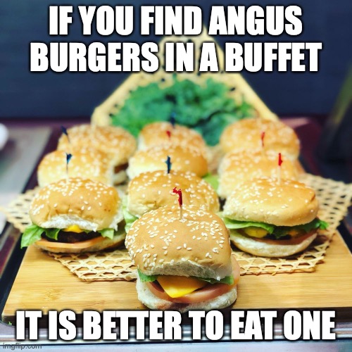 Angus Burger | IF YOU FIND ANGUS BURGERS IN A BUFFET; IT IS BETTER TO EAT ONE | image tagged in burger,buffet,memes,food | made w/ Imgflip meme maker