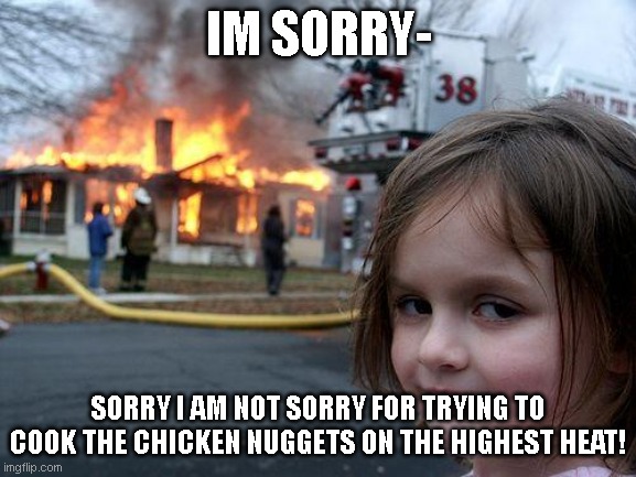 The House! | IM SORRY-; SORRY I AM NOT SORRY FOR TRYING TO COOK THE CHICKEN NUGGETS ON THE HIGHEST HEAT! | image tagged in memes,disaster girl,house,fire,chicken,lol | made w/ Imgflip meme maker