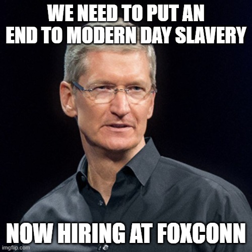 Tim Cook Serious | WE NEED TO PUT AN END TO MODERN DAY SLAVERY; NOW HIRING AT FOXCONN | image tagged in tim cook serious | made w/ Imgflip meme maker