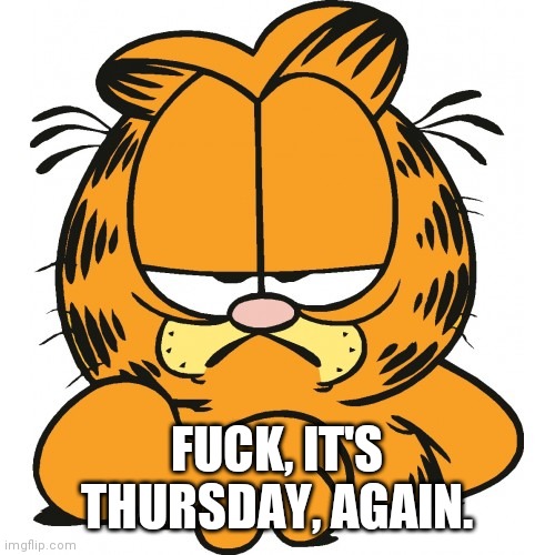 Garfield | FUCK, IT'S THURSDAY, AGAIN. | image tagged in garfield | made w/ Imgflip meme maker