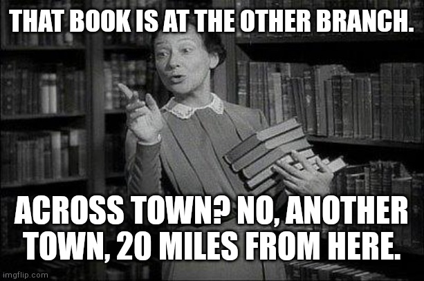 Doing School Papers before Google | THAT BOOK IS AT THE OTHER BRANCH. ACROSS TOWN? NO, ANOTHER TOWN, 20 MILES FROM HERE. | image tagged in wealthy librarian | made w/ Imgflip meme maker
