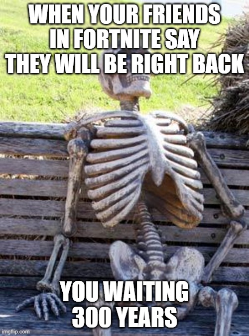 Waiting Skeleton | WHEN YOUR FRIENDS IN FORTNITE SAY THEY WILL BE RIGHT BACK; YOU WAITING 300 YEARS | image tagged in memes,waiting skeleton | made w/ Imgflip meme maker