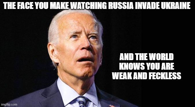 Once again, Brandon is in over his head. | THE FACE YOU MAKE WATCHING RUSSIA INVADE UKRAINE; AND THE WORLD KNOWS YOU ARE WEAK AND FECKLESS | image tagged in joe biden,democrats,lilberals,woke,trump derangement syndrome,dimwits | made w/ Imgflip meme maker