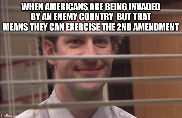 the truth is most americans are scared | WHEN AMERICANS ARE BEING INVADED BY AN ENEMY COUNTRY  BUT THAT MEANS THEY CAN EXERCISE THE 2ND AMENDMENT | image tagged in jim halpert smirking | made w/ Imgflip meme maker