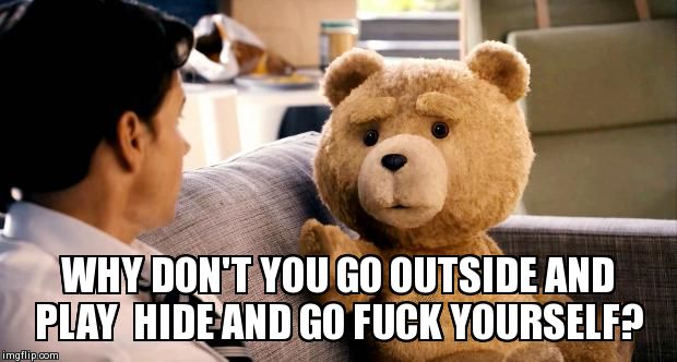WHY DON'T YOU GO OUTSIDE AND PLAY  HIDE AND GO F**K YOURSELF? | image tagged in ted,funny,memes | made w/ Imgflip meme maker