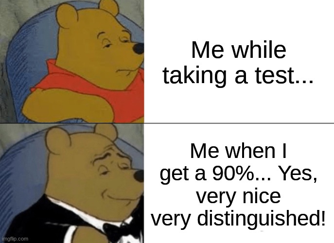 Tuxedo Winnie The Pooh Meme | Me while taking a test... Me when I get a 90%... Yes, very nice very distinguished! | image tagged in memes,tuxedo winnie the pooh | made w/ Imgflip meme maker