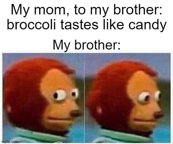 lie | My mom, to my brother: broccoli tastes like candy; My brother: | image tagged in memes,monkey puppet | made w/ Imgflip meme maker