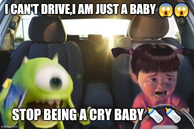 Driving baby | I CAN'T DRIVE,I AM JUST A BABY 😱😱; STOP BEING A CRY BABY 🍼🍼 | image tagged in driving boo | made w/ Imgflip meme maker
