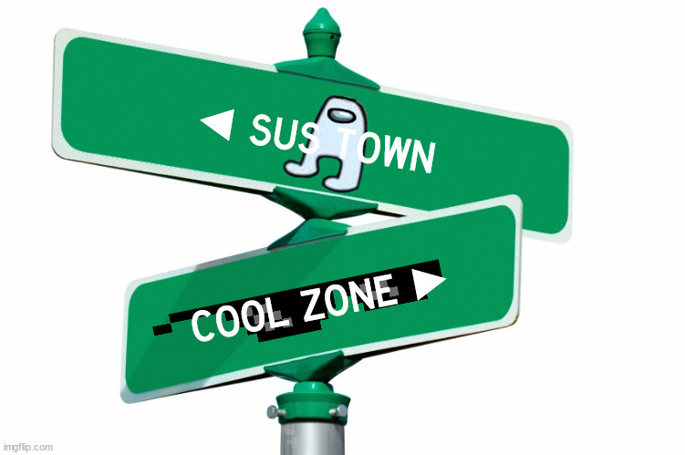 sussy road sign | ◄ SUS TOWN; COOL ZONE ► | image tagged in blank street signs,sus,cool | made w/ Imgflip meme maker
