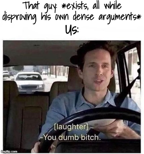 You dumb bitch | That guy: *exists, all while disproving his own dense arguments* Us: | image tagged in you dumb bitch | made w/ Imgflip meme maker