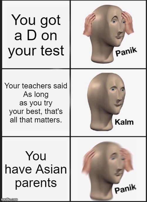 Asian Parents be like | You got a D on your test; Your teachers said
As long as you try your best, that's all that matters. You have Asian parents | image tagged in memes,panik kalm panik | made w/ Imgflip meme maker