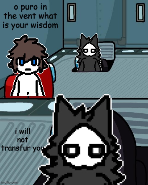 i will not transfur |  o puro in the vent what is your wisdom; i will not transfur you | image tagged in puro,changed,colin | made w/ Imgflip meme maker