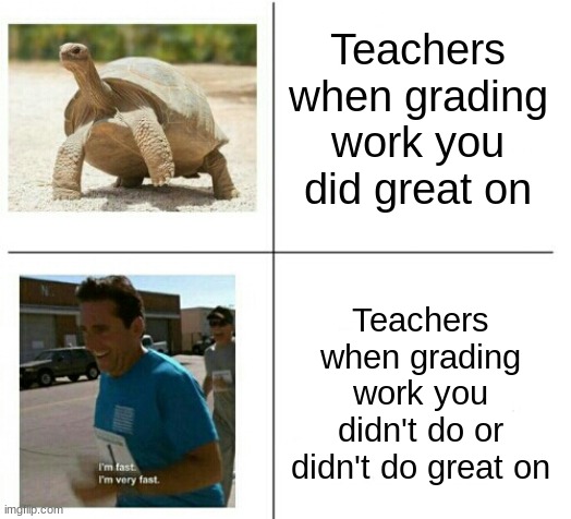 Dang teachers |  Teachers when grading work you did great on; Teachers when grading work you didn't do or didn't do great on | image tagged in fast vs slow,school,memes,funny,grades | made w/ Imgflip meme maker