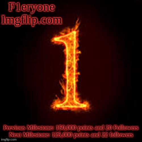 Thanks for all of the support! | Previous Milestone: 150,000 points and 20 Followers
Next Milestone: 125,000 points and 22 followers | image tagged in f1eryone imgflip | made w/ Imgflip meme maker