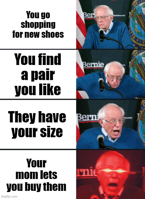 Bernie Sanders reaction (nuked) | You go shopping for new shoes; You find a pair you like; They have your size; Your mom lets you buy them | image tagged in bernie sanders reaction nuked | made w/ Imgflip meme maker
