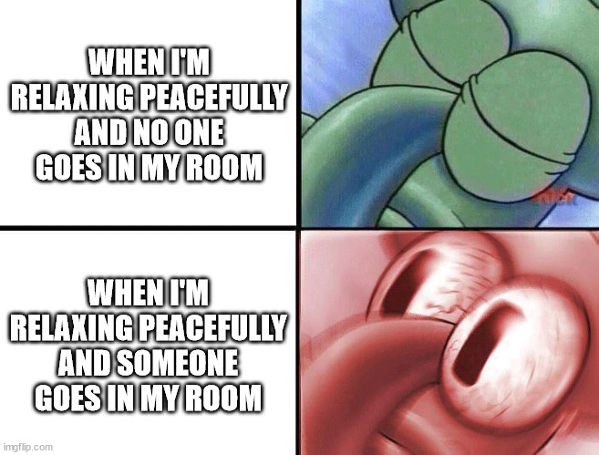sleeping Squidward | WHEN I'M RELAXING PEACEFULLY AND NO ONE GOES IN MY ROOM; WHEN I'M RELAXING PEACEFULLY AND SOMEONE GOES IN MY ROOM | image tagged in sleeping squidward | made w/ Imgflip meme maker