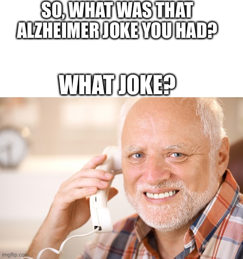 What joke? | SO, WHAT WAS THAT ALZHEIMER JOKE YOU HAD? WHAT JOKE? | image tagged in blank white template,hide the pain harold phone | made w/ Imgflip meme maker