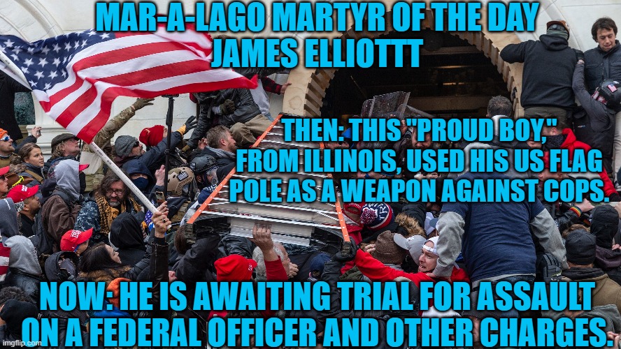 US Flag: How better to respect it than to splatter it with the blood of a cop doing their job. | MAR-A-LAGO MARTYR OF THE DAY
JAMES ELLIOTTT; THEN: THIS "PROUD BOY," FROM ILLINOIS, USED HIS US FLAG POLE AS A WEAPON AGAINST COPS. NOW: HE IS AWAITING TRIAL FOR ASSAULT ON A FEDERAL OFFICER AND OTHER CHARGES. | image tagged in politics | made w/ Imgflip meme maker