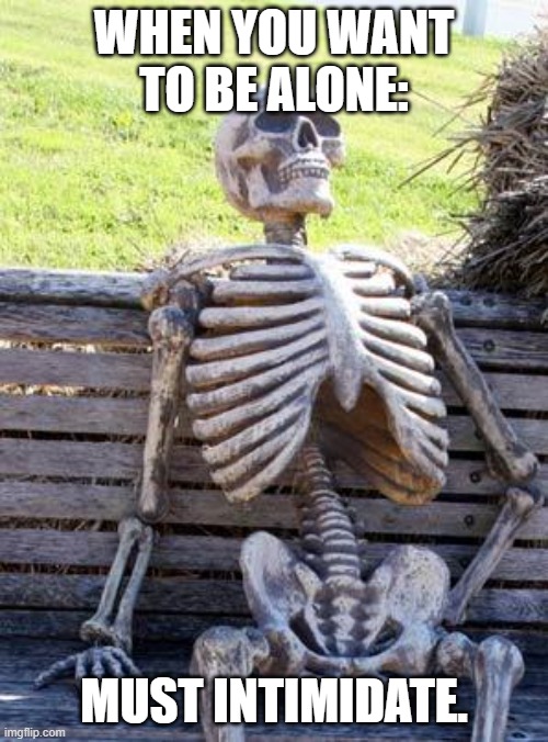 Waiting Skeleton Meme | WHEN YOU WANT TO BE ALONE:; MUST INTIMIDATE. | image tagged in memes,waiting skeleton | made w/ Imgflip meme maker