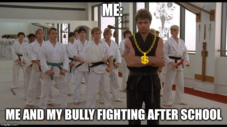 never be alone lol | ME:; ME AND MY BULLY FIGHTING AFTER SCHOOL | image tagged in cobra kai dojo | made w/ Imgflip meme maker