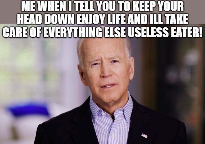 YOU SMUCK | ME WHEN I TELL YOU TO KEEP YOUR HEAD DOWN ENJOY LIFE AND ILL TAKE CARE OF EVERYTHING ELSE USELESS EATER! | image tagged in joe biden 2020,joe biden,biden | made w/ Imgflip meme maker