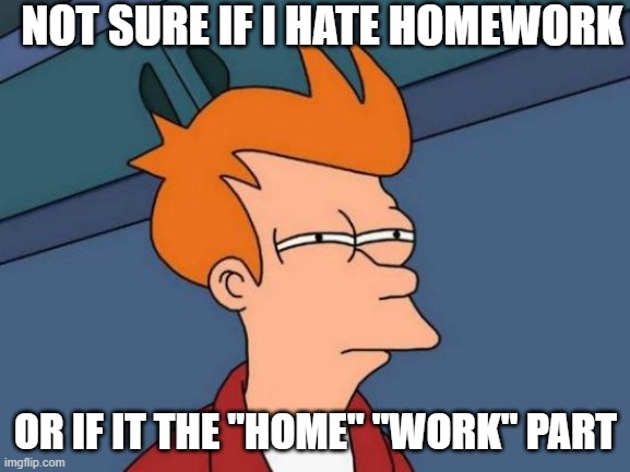 Futurama Fry Meme | NOT SURE IF I HATE HOMEWORK; OR IF IT THE "HOME" "WORK" PART | image tagged in memes,futurama fry | made w/ Imgflip meme maker
