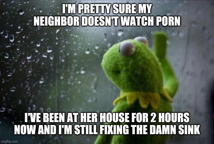 She's got some nerve | I'M PRETTY SURE MY NEIGHBOR DOESN'T WATCH PORN; I'VE BEEN AT HER HOUSE FOR 2 HOURS NOW AND I'M STILL FIXING THE DAMN SINK | image tagged in sad kermit,memes,fun | made w/ Imgflip meme maker