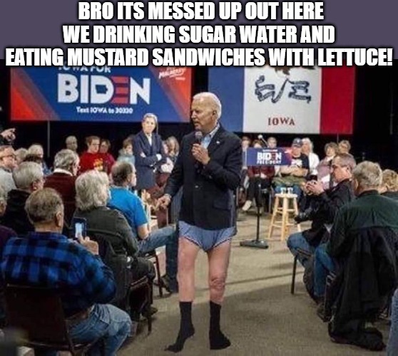 HARD TIMES | BRO ITS MESSED UP OUT HERE WE DRINKING SUGAR WATER AND EATING MUSTARD SANDWICHES WITH LETTUCE! | image tagged in joe biden | made w/ Imgflip meme maker