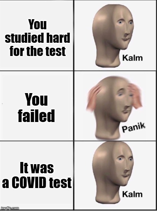 Reverse kalm panik |  You studied hard for the test; You failed; It was a COVID test | image tagged in reverse kalm panik | made w/ Imgflip meme maker