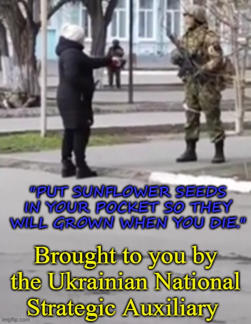 Based | "PUT SUNFLOWER SEEDS IN YOUR POCKET SO THEY WILL GROWN WHEN YOU DIE."; Brought to you by the Ukrainian National Strategic Auxiliary | image tagged in ukraine,soviet russia | made w/ Imgflip meme maker