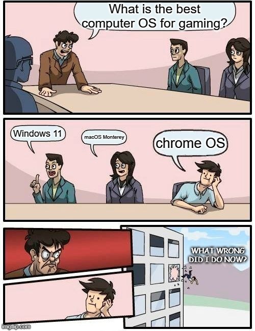 Which OS is the best for Gaming? | What is the best computer OS for gaming? Windows 11; macOS Monterey; chrome OS; WHAT WRONG DID I DO NOW? | image tagged in memes,boardroom meeting suggestion,windows,mac,chromebook | made w/ Imgflip meme maker