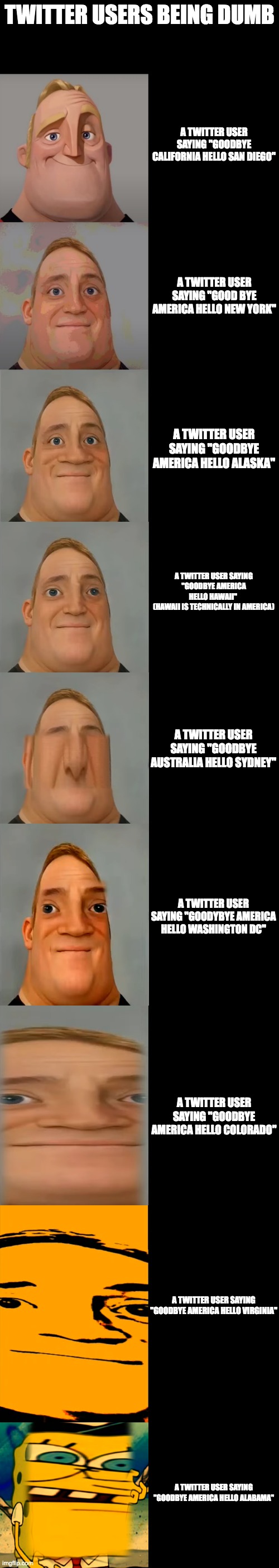 Mr Incredible becoming Idiot template | TWITTER USERS BEING DUMB; A TWITTER USER SAYING "GOODBYE CALIFORNIA HELLO SAN DIEGO"; A TWITTER USER SAYING "GOOD BYE AMERICA HELLO NEW YORK"; A TWITTER USER SAYING "GOODBYE AMERICA HELLO ALASKA"; A TWITTER USER SAYING "GOODBYE AMERICA HELLO HAWAII" 
(HAWAII IS TECHNICALLY IN AMERICA); A TWITTER USER SAYING "GOODBYE AUSTRALIA HELLO SYDNEY"; A TWITTER USER SAYING "GOODYBYE AMERICA HELLO WASHINGTON DC"; A TWITTER USER SAYING "GOODBYE AMERICA HELLO COLORADO"; A TWITTER USER SAYING "GOODBYE AMERICA HELLO VIRGINIA"; A TWITTER USER SAYING "GOODBYE AMERICA HELLO ALABAMA" | image tagged in mr incredible becoming idiot template | made w/ Imgflip meme maker