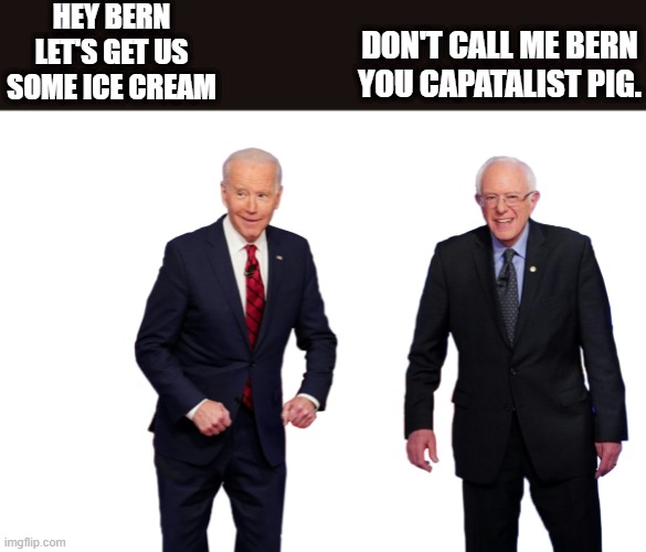 NWO PIG is what he is BURN | HEY BERN LET'S GET US SOME ICE CREAM; DON'T CALL ME BERN YOU CAPATALIST PIG. | image tagged in monkey puppet | made w/ Imgflip meme maker