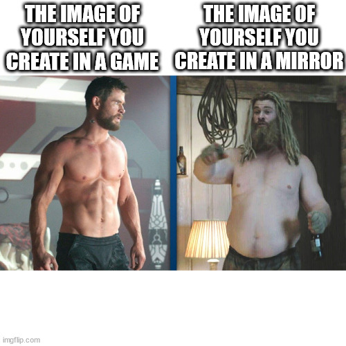Fat Thor Skinny Thor | THE IMAGE OF YOURSELF YOU CREATE IN A MIRROR; THE IMAGE OF YOURSELF YOU CREATE IN A GAME | image tagged in fat thor skinny thor | made w/ Imgflip meme maker