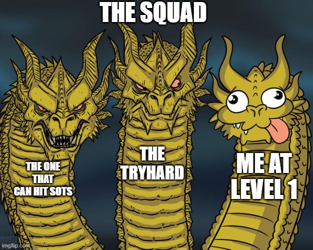 Three-headed Dragon | THE SQUAD; THE TRYHARD; ME AT LEVEL 1; THE ONE THAT CAN HIT SOTS | image tagged in three-headed dragon | made w/ Imgflip meme maker