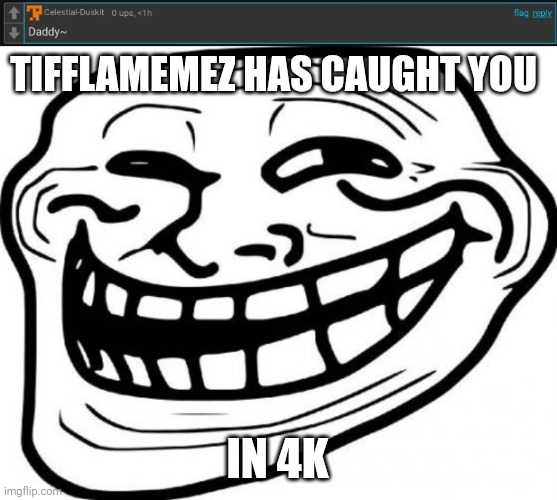 Hahahahaha | TIFFLAMEMEZ HAS CAUGHT YOU; IN 4K | image tagged in memes,troll face,caught in the act,meme,troll | made w/ Imgflip meme maker