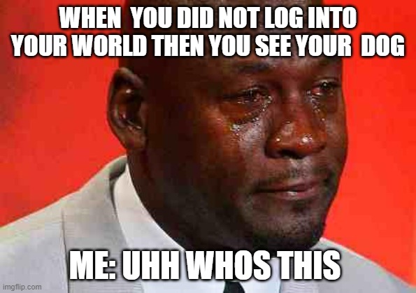 crying michael jordan | WHEN  YOU DID NOT LOG INTO YOUR WORLD THEN YOU SEE YOUR  DOG; ME: UHH WHOS THIS | image tagged in crying michael jordan | made w/ Imgflip meme maker
