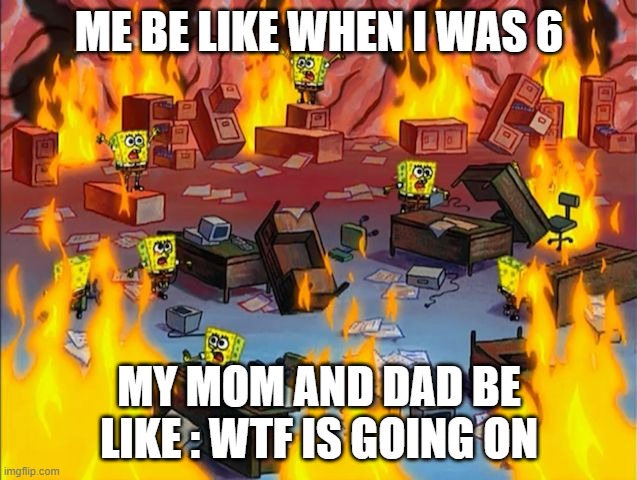 mom and dad be like | ME BE LIKE WHEN I WAS 6; MY MOM AND DAD BE LIKE : WTF IS GOING ON | image tagged in spongebob fire | made w/ Imgflip meme maker