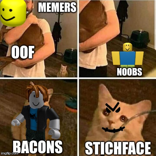 why --- noobs and bacons | MEMERS; OOF; NOOBS; BACONS; STICHFACE | image tagged in roblox meme,sad cat holding dog | made w/ Imgflip meme maker