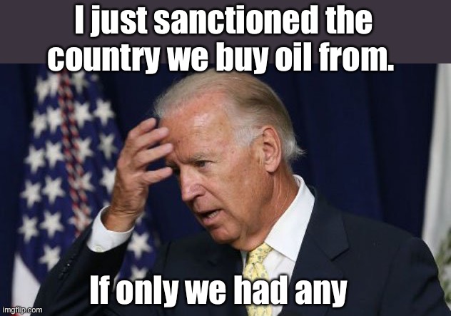 Walk softly and hand out sanctions | I just sanctioned the country we buy oil from. If only we had any | image tagged in joe biden worries,memes,politics lol | made w/ Imgflip meme maker