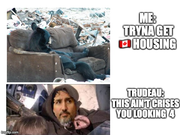 ME: 
TRYNA GET 🇨🇦 HOUSING; TRUDEAU: THIS AIN'T CRISES YOU LOOKING  4 | made w/ Imgflip meme maker