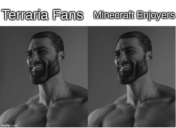 Terraria Fans vs. Minecraft Enjoyers | Terraria Fans; Minecraft Enjoyers | image tagged in chad chad,gigachad,chad,terraria,minecraft,average fan vs average enjoyer | made w/ Imgflip meme maker