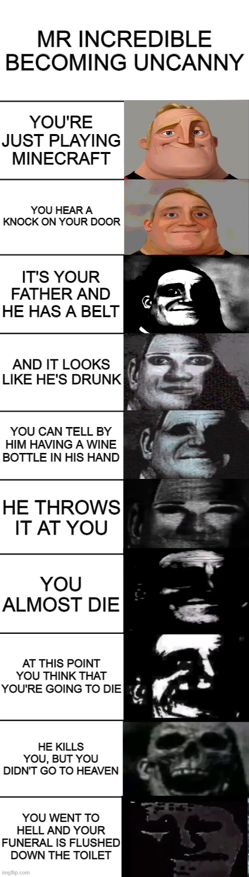 Mr Incredible becoming uncanny | MR INCREDIBLE BECOMING UNCANNY; YOU'RE JUST PLAYING MINECRAFT; YOU HEAR A KNOCK ON YOUR DOOR; IT'S YOUR FATHER AND HE HAS A BELT; AND IT LOOKS LIKE HE'S DRUNK; YOU CAN TELL BY HIM HAVING A WINE BOTTLE IN HIS HAND; HE THROWS IT AT YOU; YOU ALMOST DIE; AT THIS POINT YOU THINK THAT YOU'RE GOING TO DIE; HE KILLS YOU, BUT YOU DIDN'T GO TO HEAVEN; YOU WENT TO HELL AND YOUR FUNERAL IS FLUSHED DOWN THE TOILET | image tagged in mr incredible becoming uncanny,memes | made w/ Imgflip meme maker