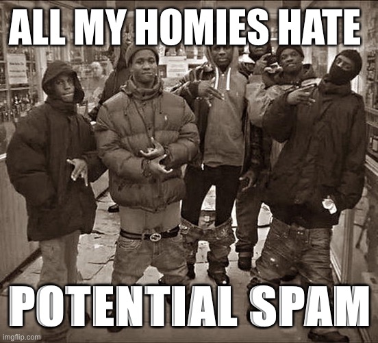Potential Spam | ALL MY HOMIES HATE; POTENTIAL SPAM | image tagged in all my homies hate | made w/ Imgflip meme maker