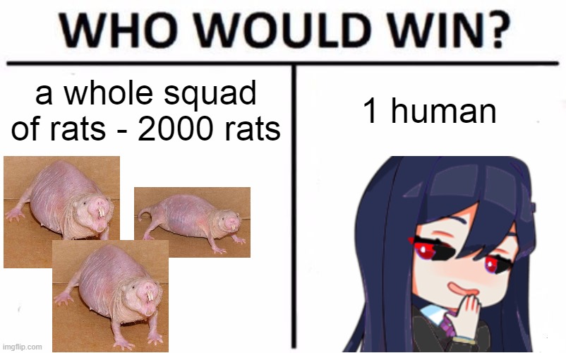 Pretend the 3 rats are 2000. Please don't hate if you're specific. | a whole squad of rats - 2000 rats; 1 human | image tagged in memes,who would win | made w/ Imgflip meme maker