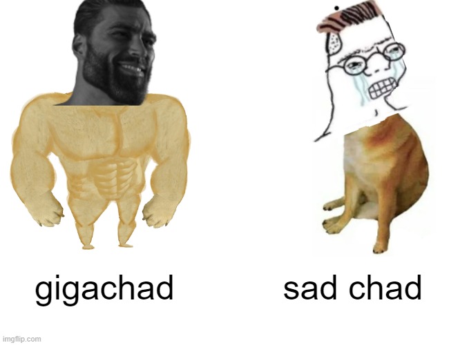 ah yes | gigachad; sad chad | image tagged in memes,buff doge vs cheems | made w/ Imgflip meme maker