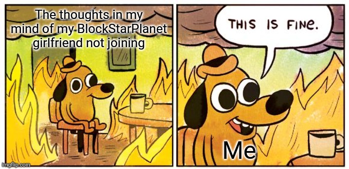 This Is Fine | The thoughts in my mind of my BlockStarPlanet girlfriend not joining; Me | image tagged in memes,this is fine | made w/ Imgflip meme maker